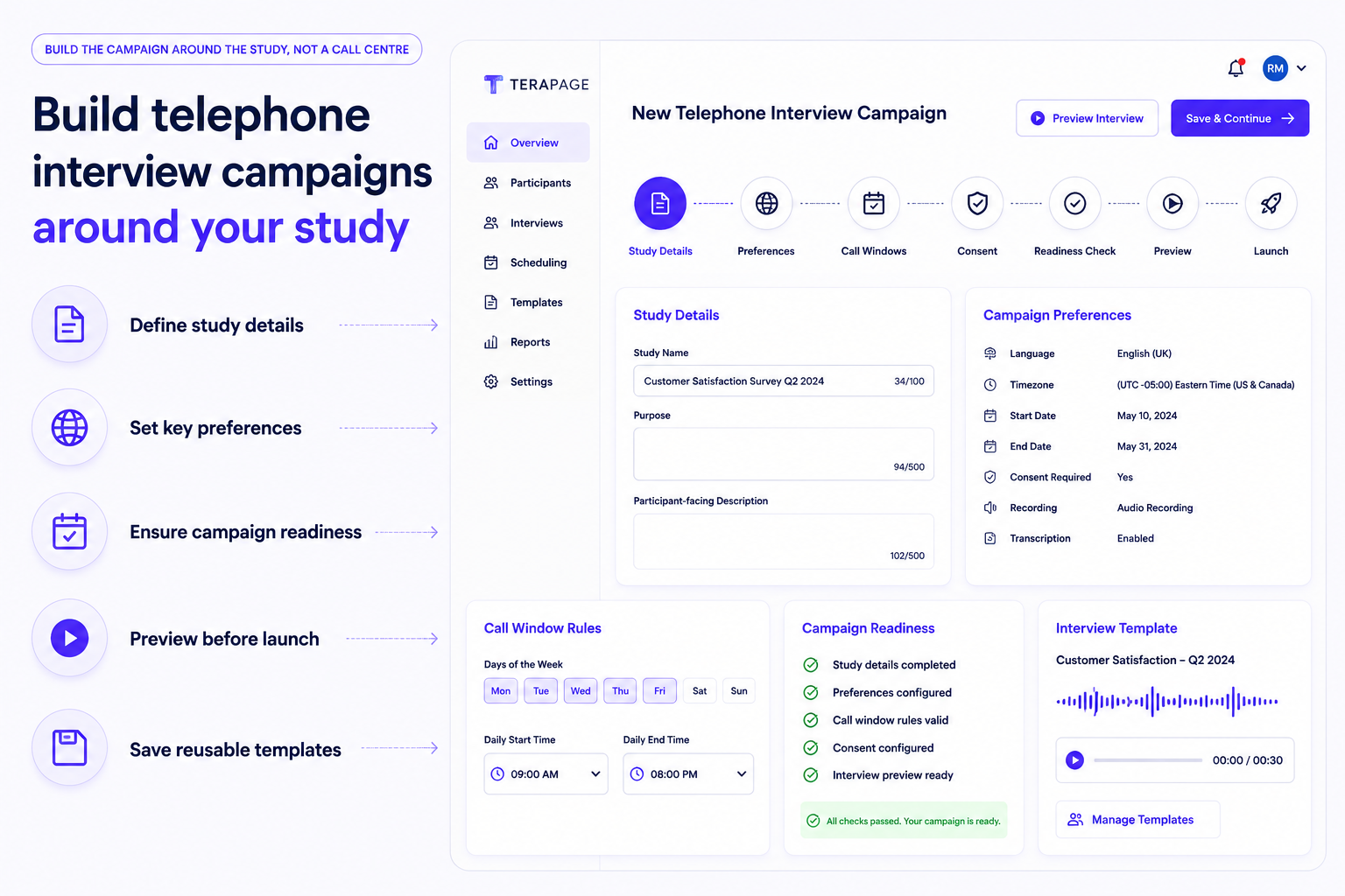 Terapage AI CATI campaign overview setup screen