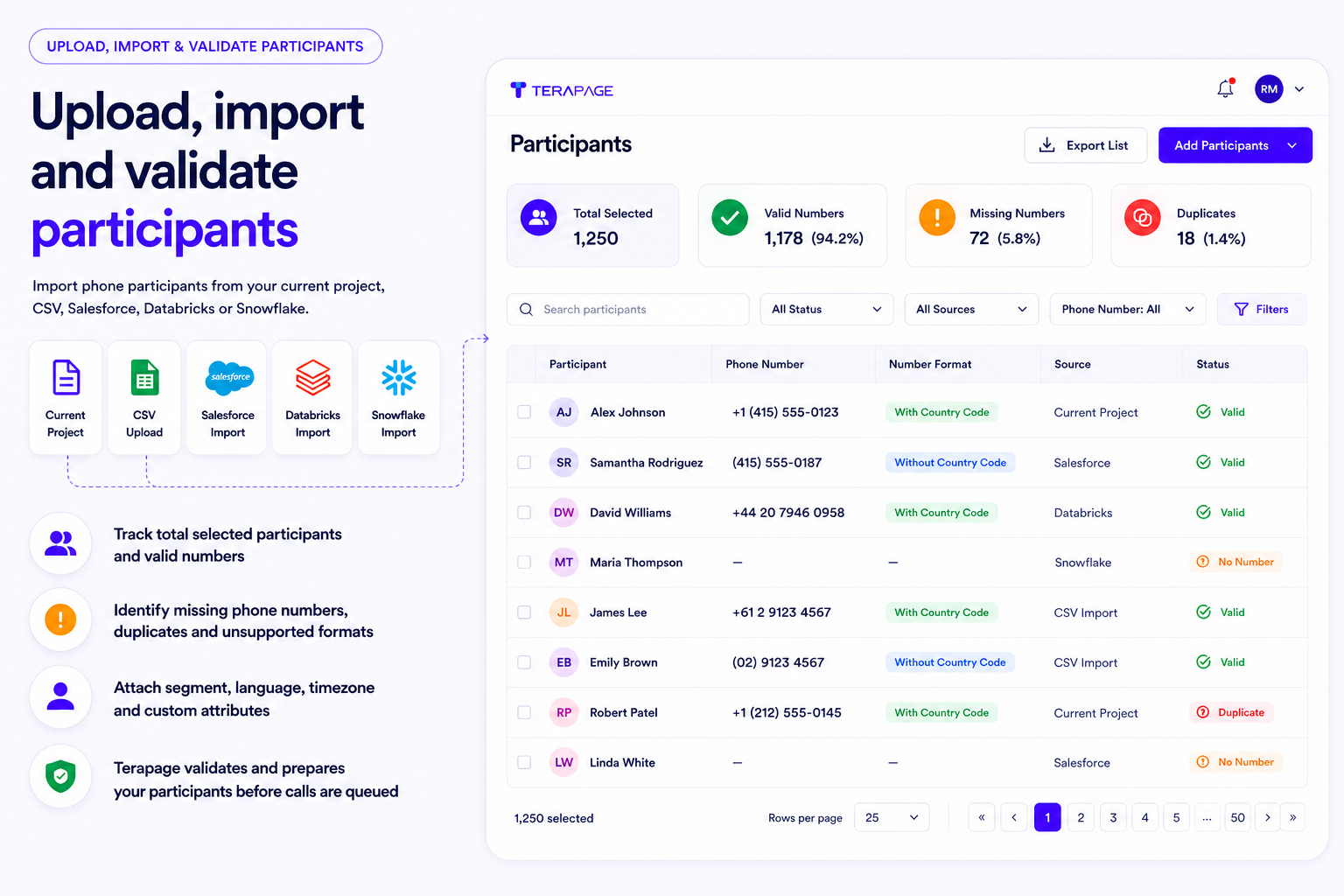 Terapage AI CATI participant upload and validation screen