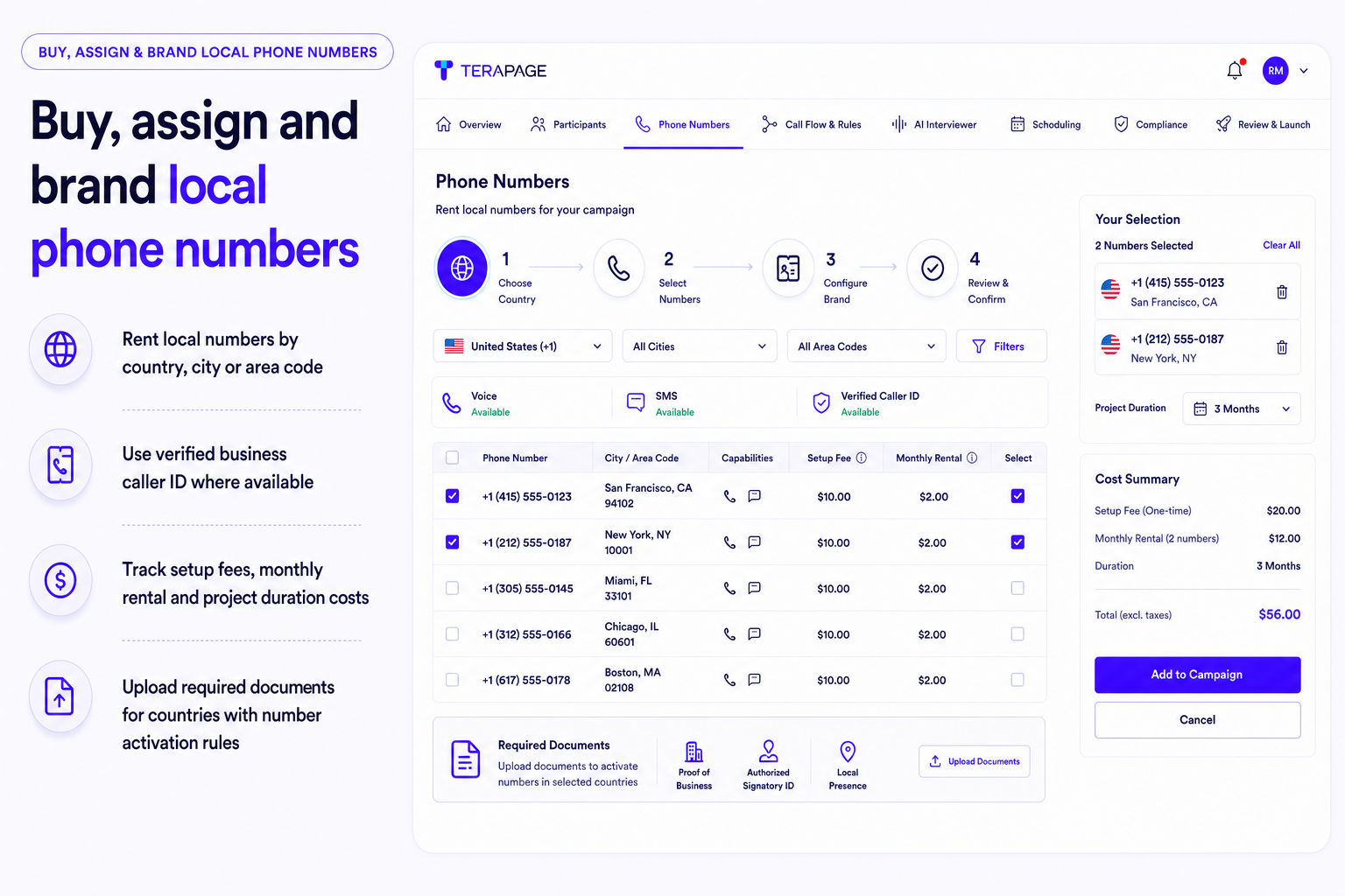 Terapage AI CATI phone number rental and caller ID branding screen