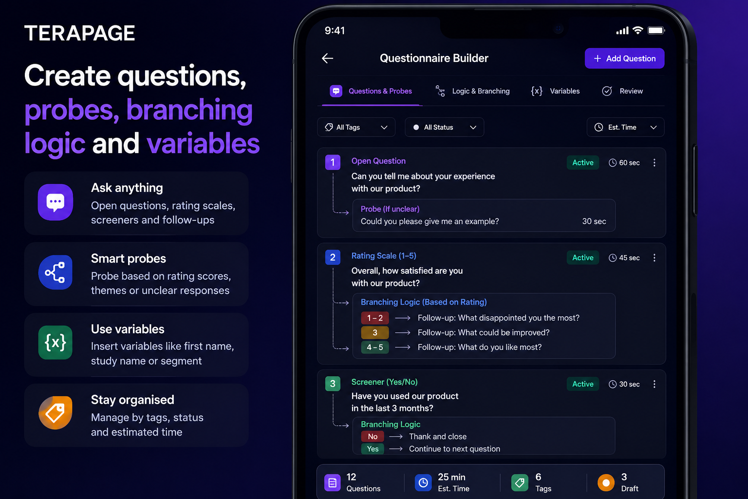 Terapage AI CATI add question and adaptive follow-up probes screen